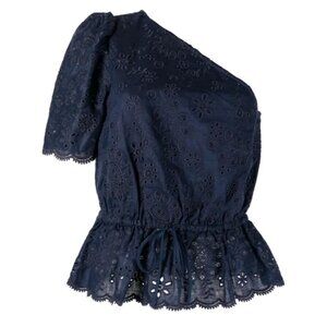 New Polo Ralph Lauren One-shoulder Eyelet Linen top in Navy Size 10